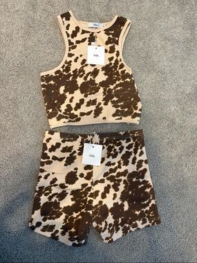 Adika Brown and Cream Cow-Print Knit Tank & Shorts Set